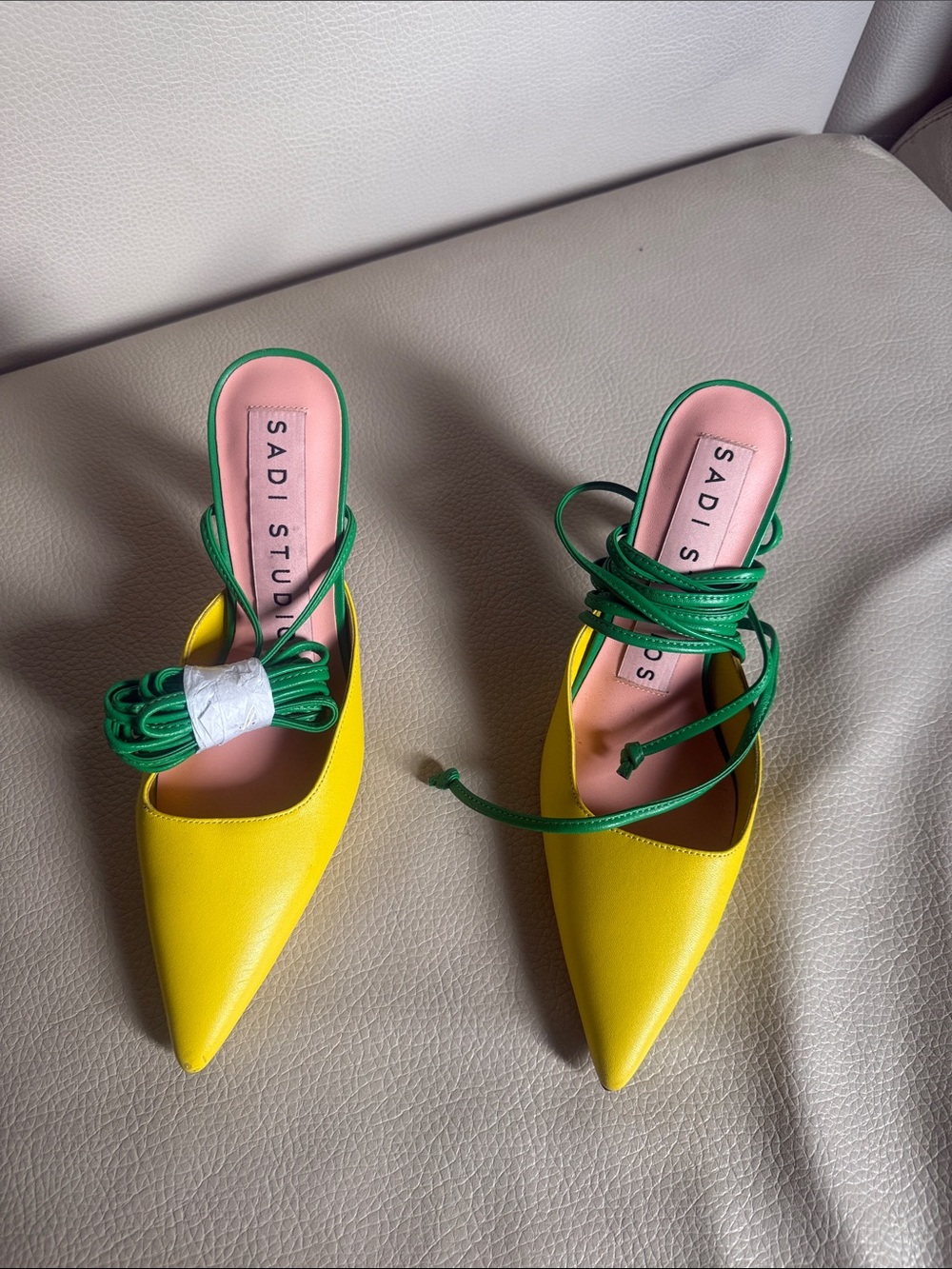 Sadi Studios Yellow Pointed Mules with Green Wrap Laces